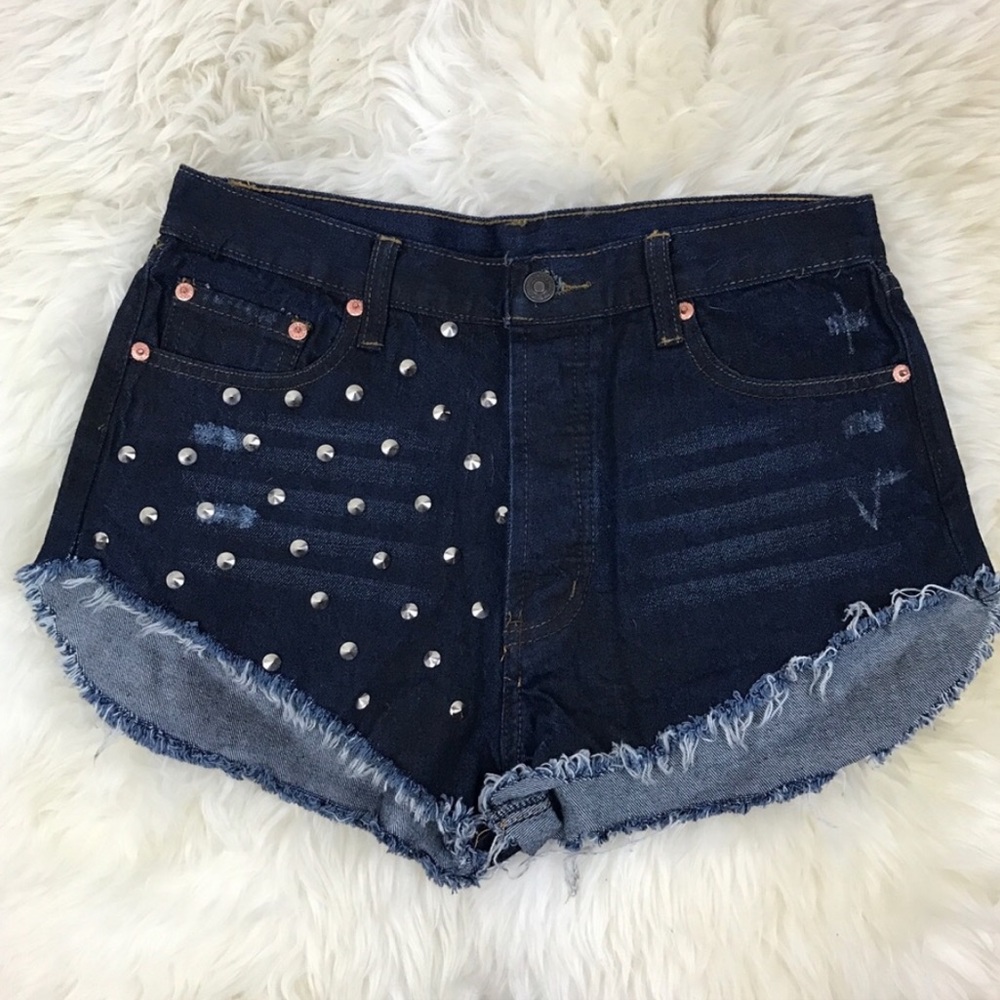 High Waist Dark Denim Studded Cut Off Shorts